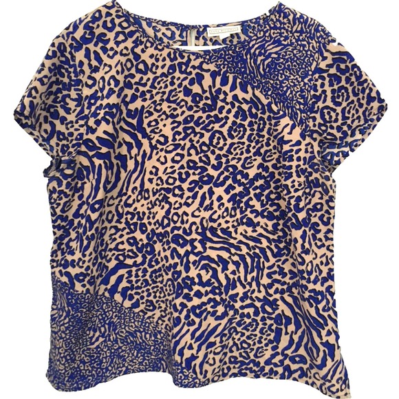 Dana Buchman Tops - Dana Buchman Shirt Women XL Blue Beige Leopard Print Short‎ Sleeve Blouse EUC